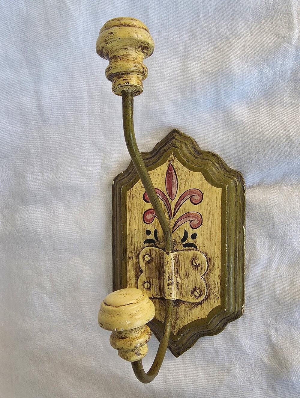 Vintage Hand Painted Wood Wall Hook Fleur de Lis Cottagecore Coat Hanger Rustic